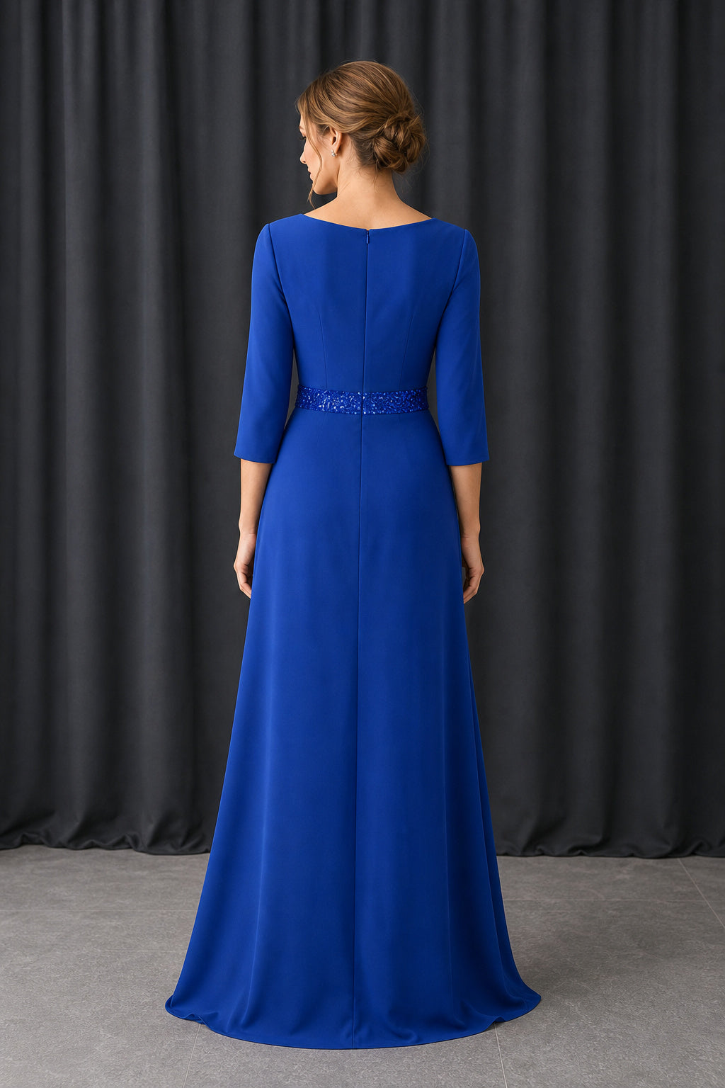 Royal Blue V-neck Three-Quarter Sleeve A-Line Chiffon Floor-Length Dress With Beaded Waist