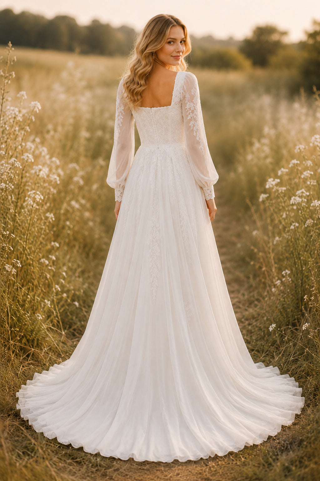 Square Neck Long Sleeve A-Line Wedding Dress with Simple Tulle Skirt and Sweep Train back view