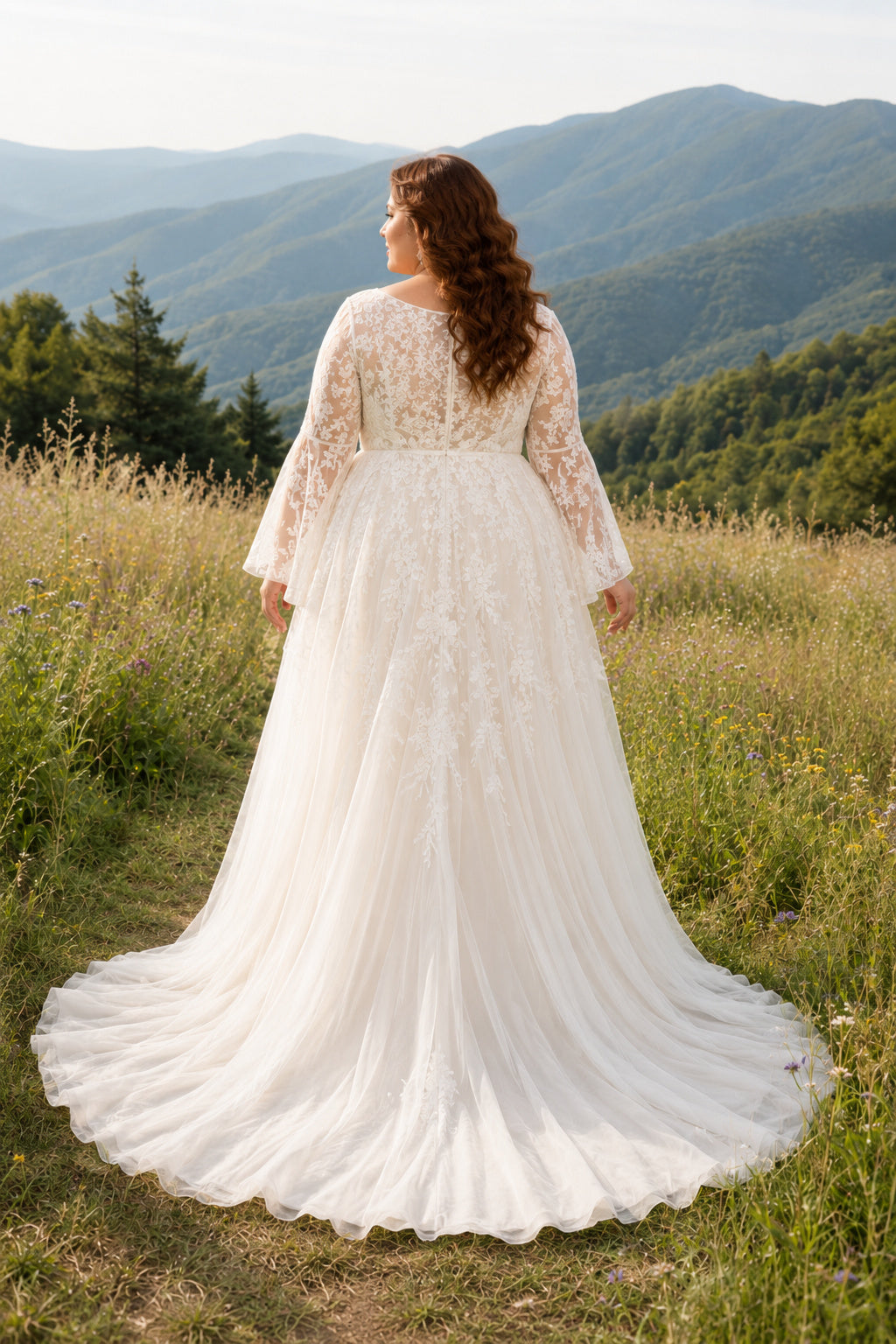 Plus Size Long Sleeve Lace A-Line Wedding Dress with Deep V-Neck Style 720951 back view