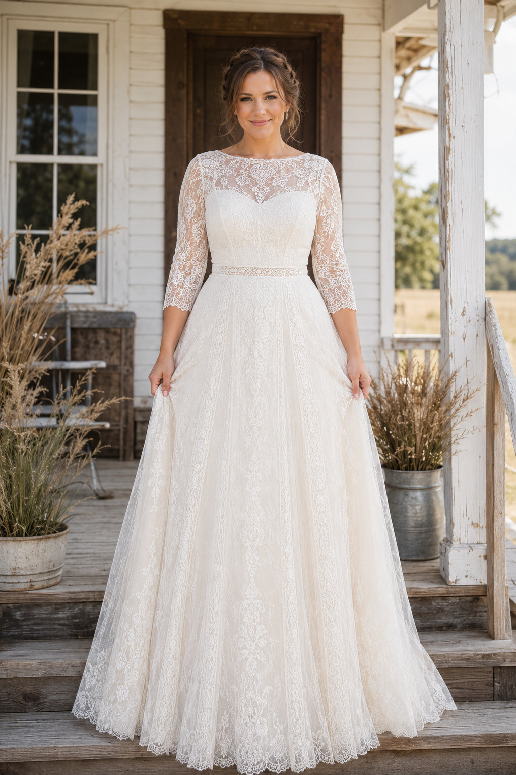 Bateau Three Quarter Sleeve A-Line Wedding Dress with Lace Overlay and Tulle Train front view