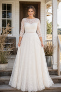 Bateau Three Quarter Sleeve A-Line Wedding Dress with Lace Overlay and Tulle Train front view