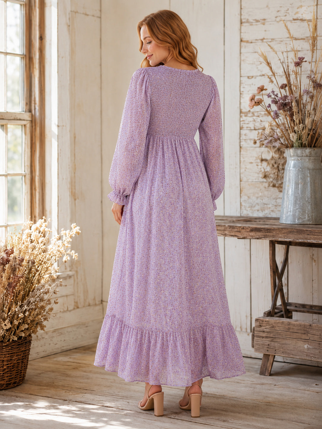 Lilac Floral Maternity Long Poet Sleeve Tiered A-Line Ankle Length Vintage Dress back view