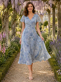 Steel Blue Garden Wedding Guest Dress A-Line Chiffon V-Neck Short Sleeve Tea-Length Floral Print front view