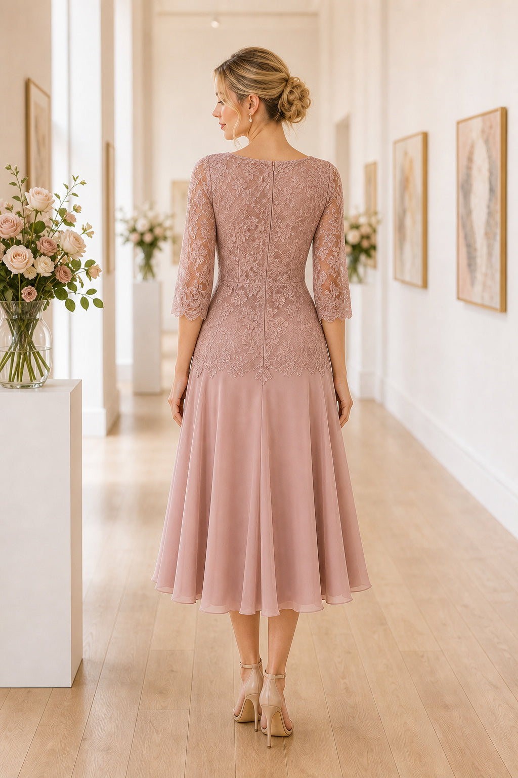 Blush Bateau Short Sleeve A-Line Chiffon Tea-Length Dress With Lace Bodice