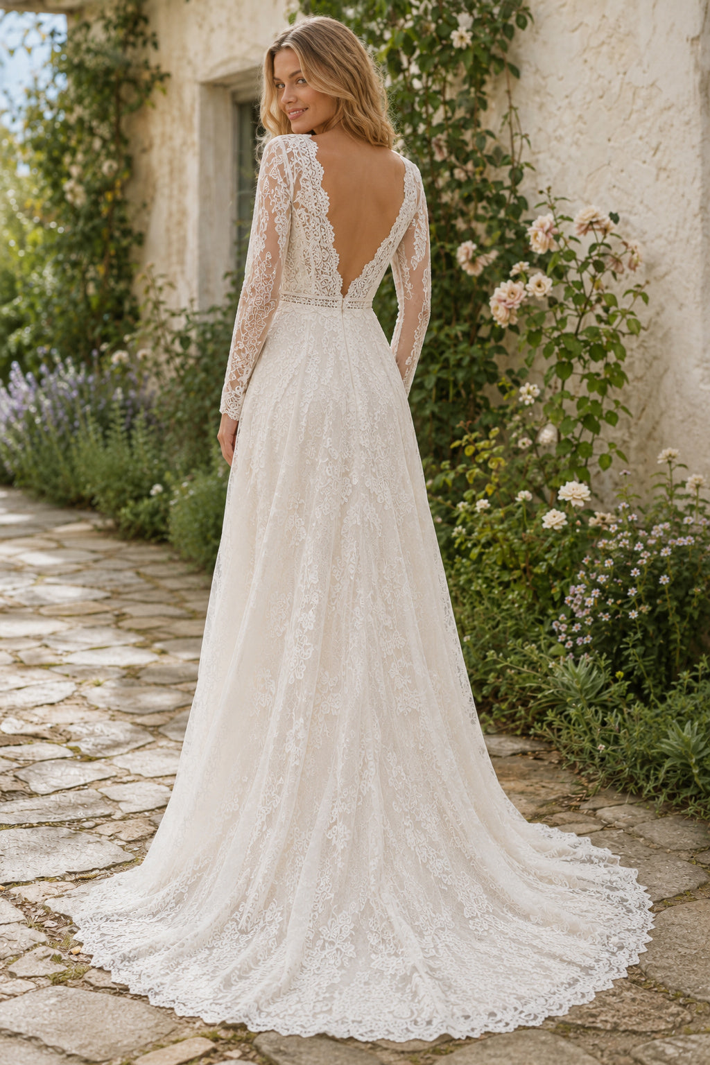 Ivory V-Neck Long Sleeve Lace A-Line Wedding Dress with Deep V Back and Sweep Train back view