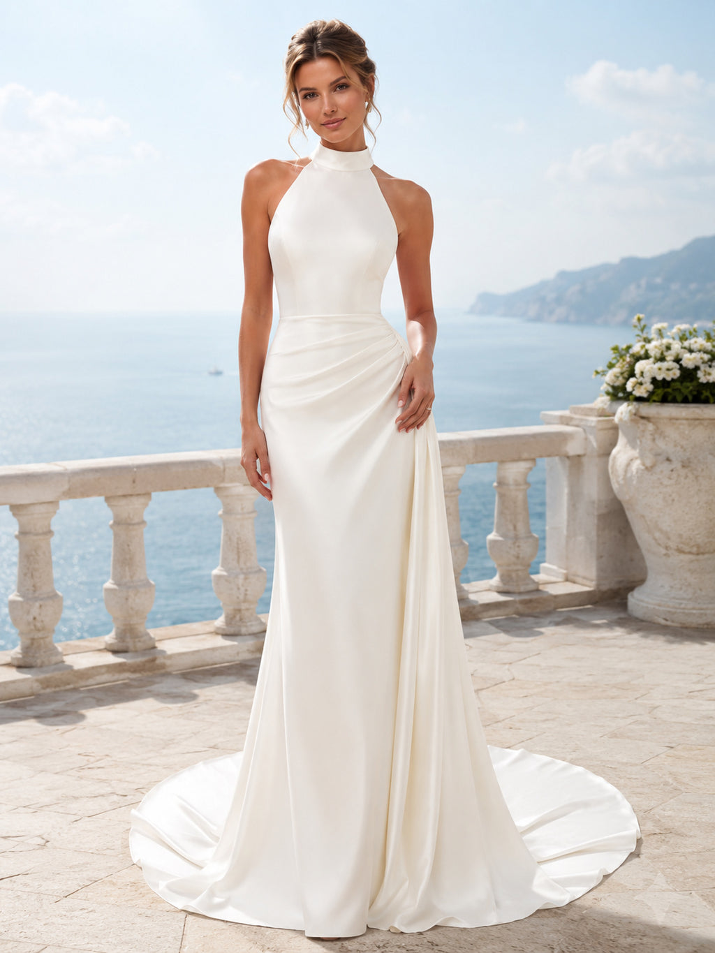 Simple Elegant Beach Chiffon Wedding Dress Sheath Halter Sleeveless Sweep Train Open Back Bridal Gown front view