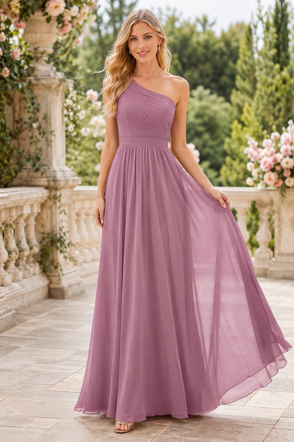 Mauve One-Shoulder Chiffon A-Line Bridesmaid Dress with Pleated Bodice front view