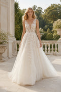 V-Neck Lace Bodice Tulle A-Line Wedding Dress with Low Back front view