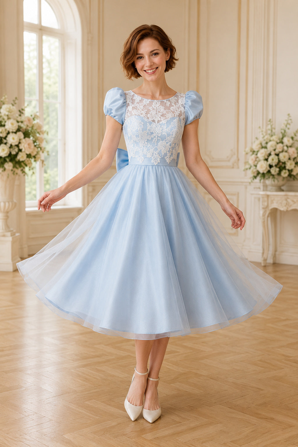 Sky Blue Puff Sleeve Lace Bodice with Bow Back and Tulle Skirt Tea Length A-Line Homecoming Dress front view