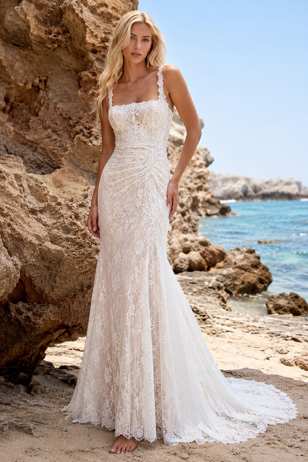 Ivory Spaghetti Strap Lace Mermaid Wedding Dress Split Front Train for Bridal Ceremony and Reception front view
