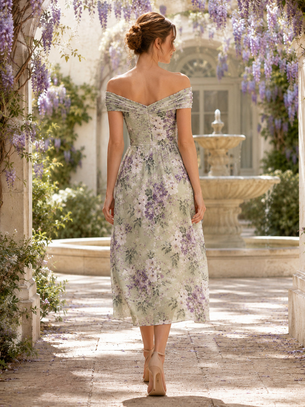 Sage Floral Off Shoulder Wrap Midi Garden Guest Dress back view