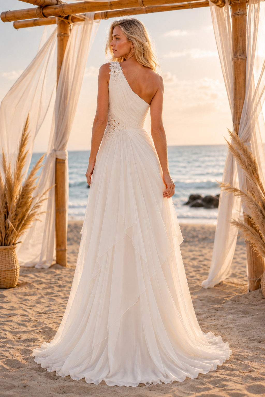 Ivory One Shoulder Draped Chiffon A-Line Wedding Dress Train for Bridal Ceremony and Reception back view