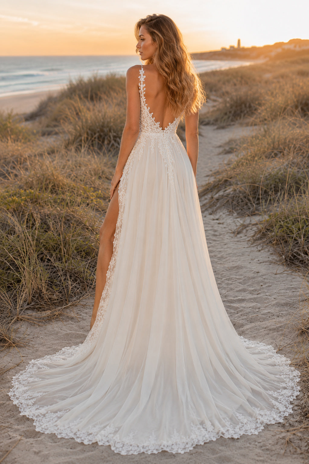 Ivory Sexy Spaghetti Neck A-Line Chiffon Lace Wedding Dress with Spaghetti Straps and Sweep Train back view