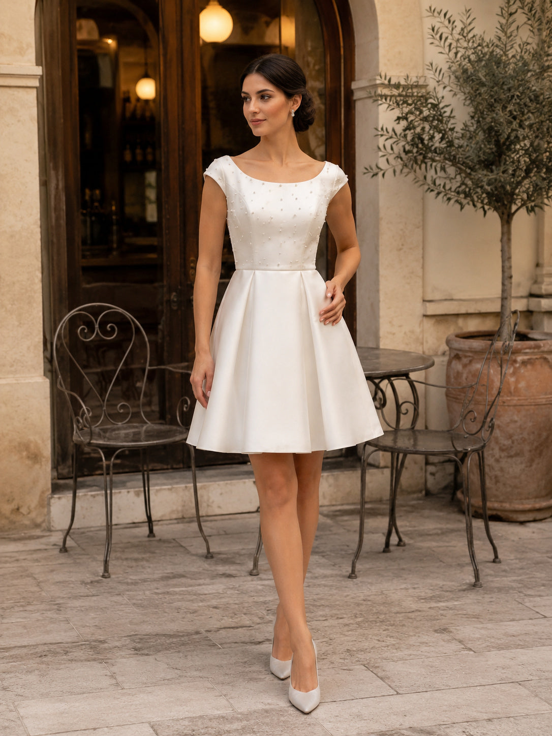 Short Scoop Cap Sleeve Simple Vintage Bridal Dress front view