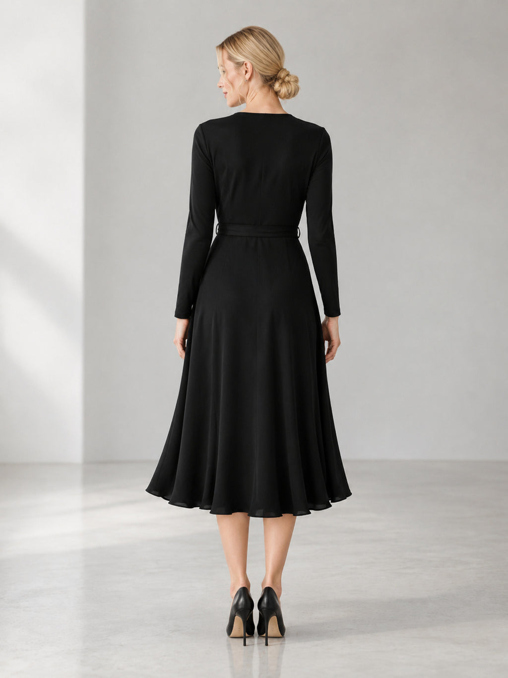 Black Long Sleeve Wrap A Line Minimal Reception Dress back view