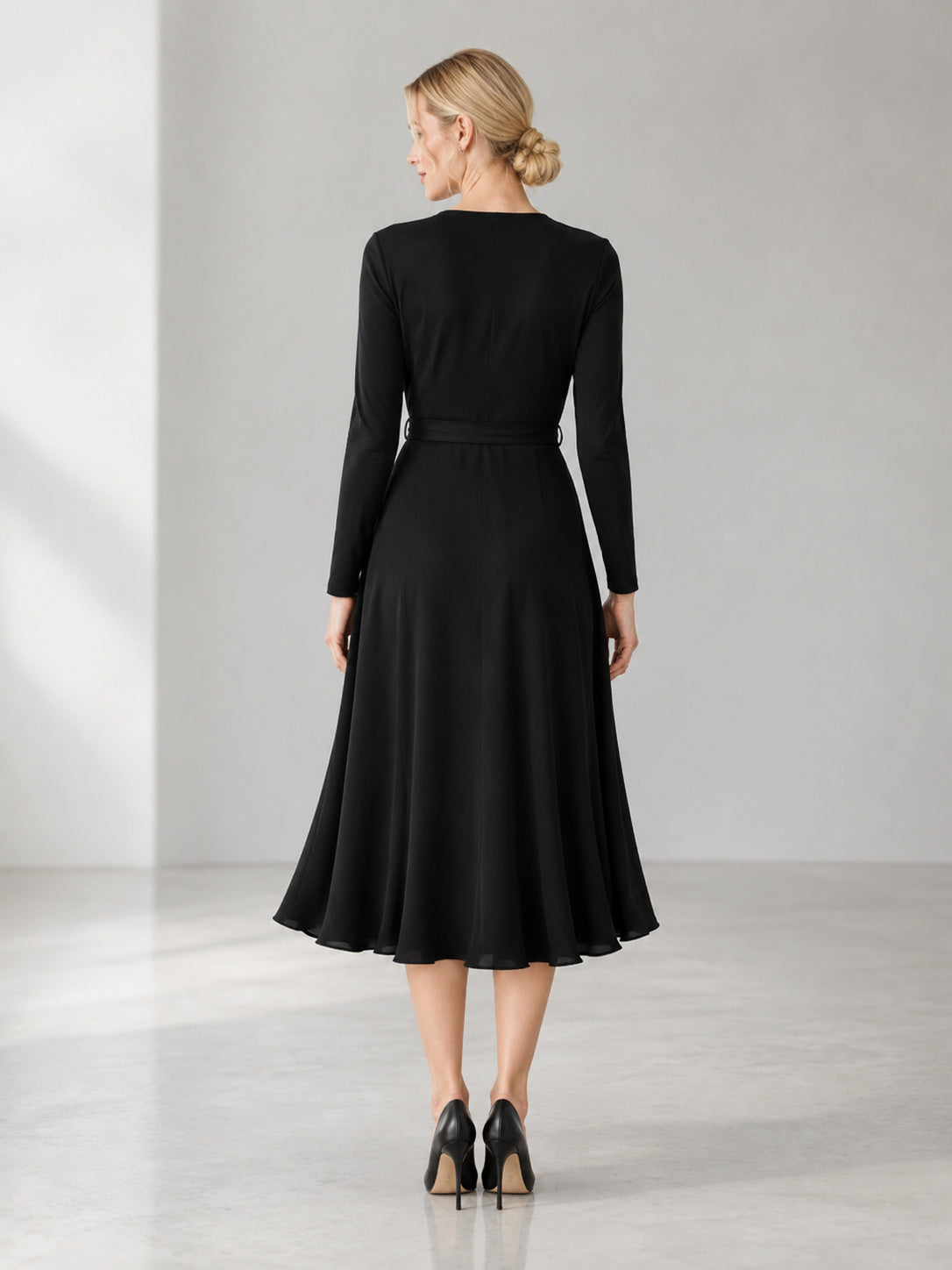 Black Long Sleeve Wrap A Line Minimal Reception Dress back view