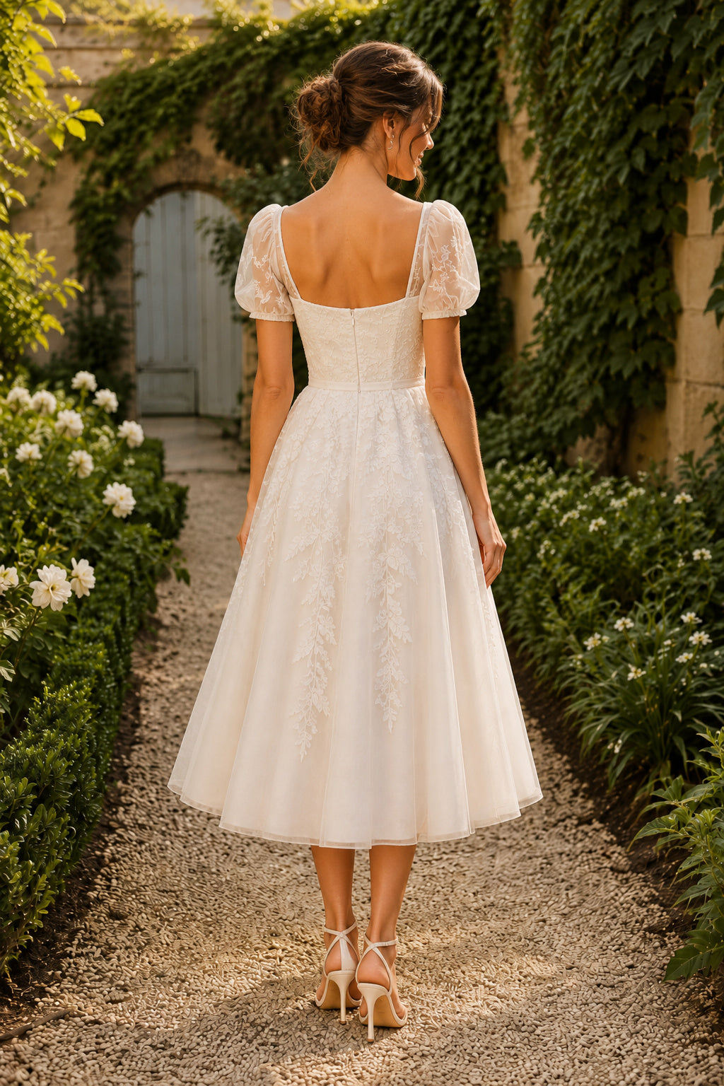Ivory Square Neck Puff Sleeve Satin Lace Tea-Length Wedding Dress with Puff Sleeves and Satin Midi Skirt back view