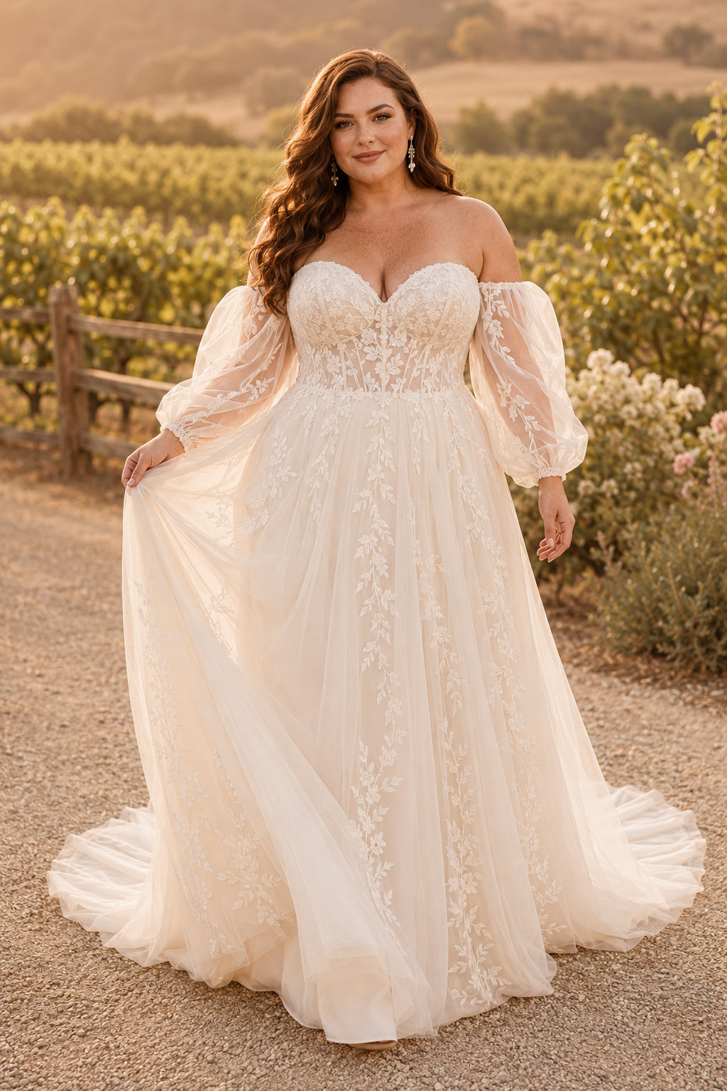 Plus Size Off-the-Shoulder Long Sleeve Lace A-Line Wedding Dress front view