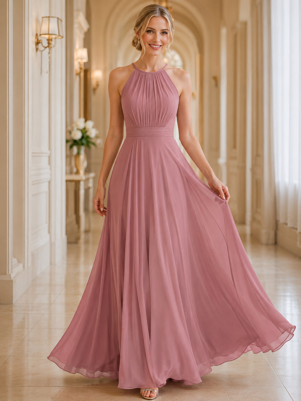 Dusty Rose Halter Pleated Chiffon A-Line Formal Dress front view