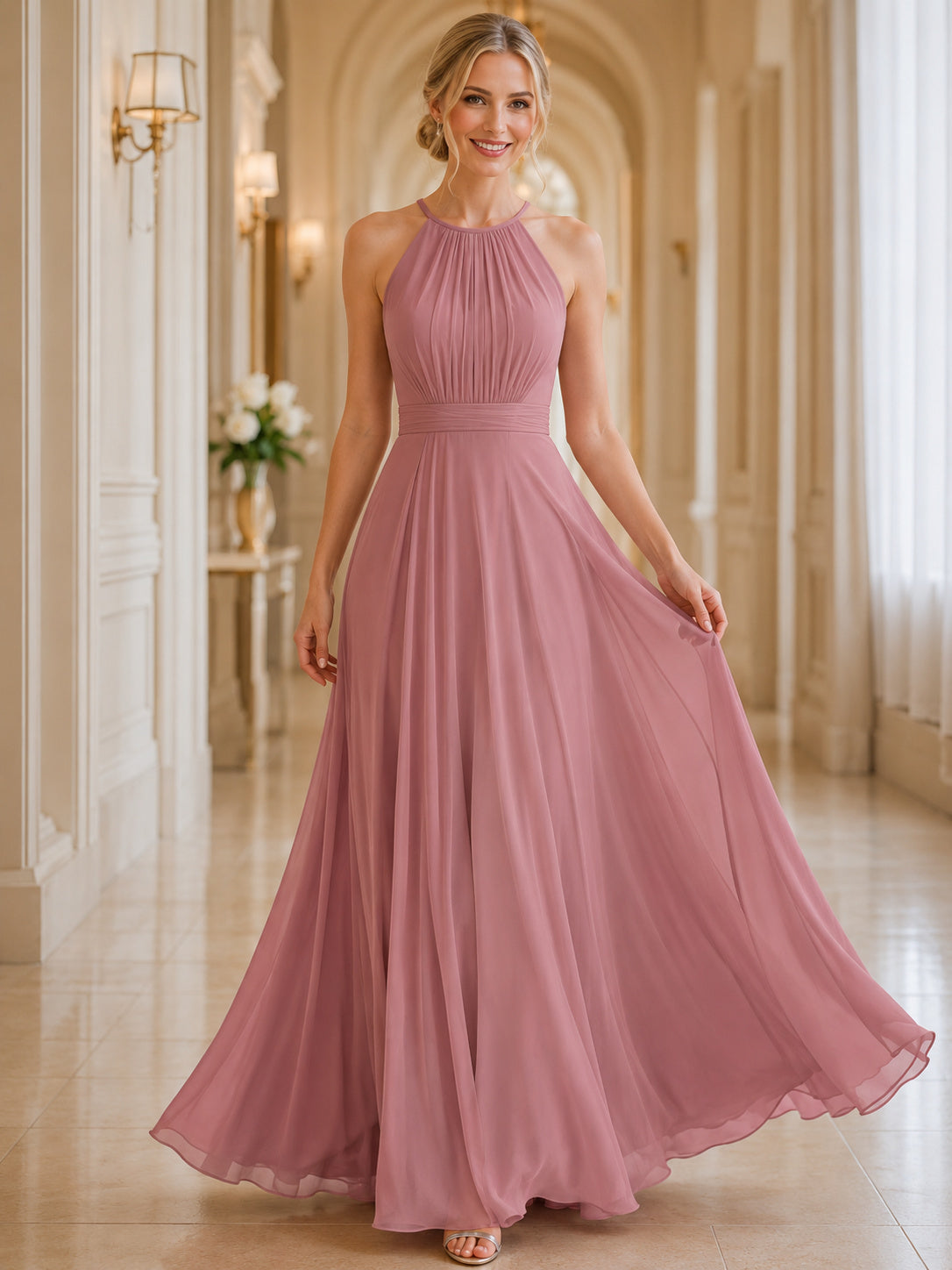 Dusty Rose Halter Pleated Chiffon A-Line Formal Dress front view