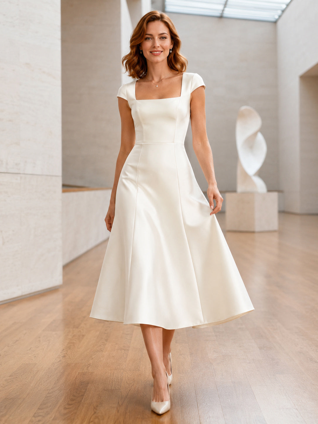 Ivory Cap Sleeve Square Neck Satin Donor Reception Dress front view