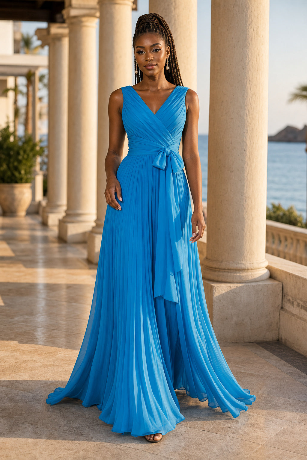 Turquoise V-neck Sleeveless Chiffon Floor-Length Dress With Criss-Cross Back