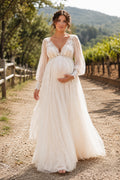 Ivory Long Puff Sleeve Maternity Wedding Dress with Lace Bodice and Tulle Skirt front view
