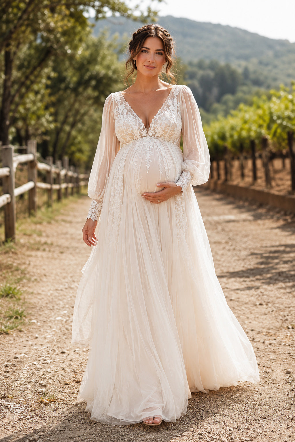 Ivory Long Puff Sleeve Maternity Wedding Dress with Lace Bodice and Tulle Skirt front view