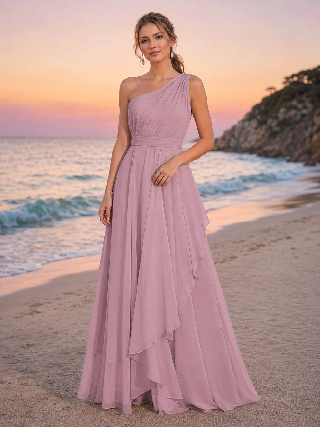 Blush One-Shoulder Chiffon A-Line Sunset Beach Bridal Dress front view