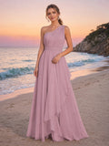 Blush One-Shoulder Chiffon A-Line Sunset Beach Bridal Dress front view