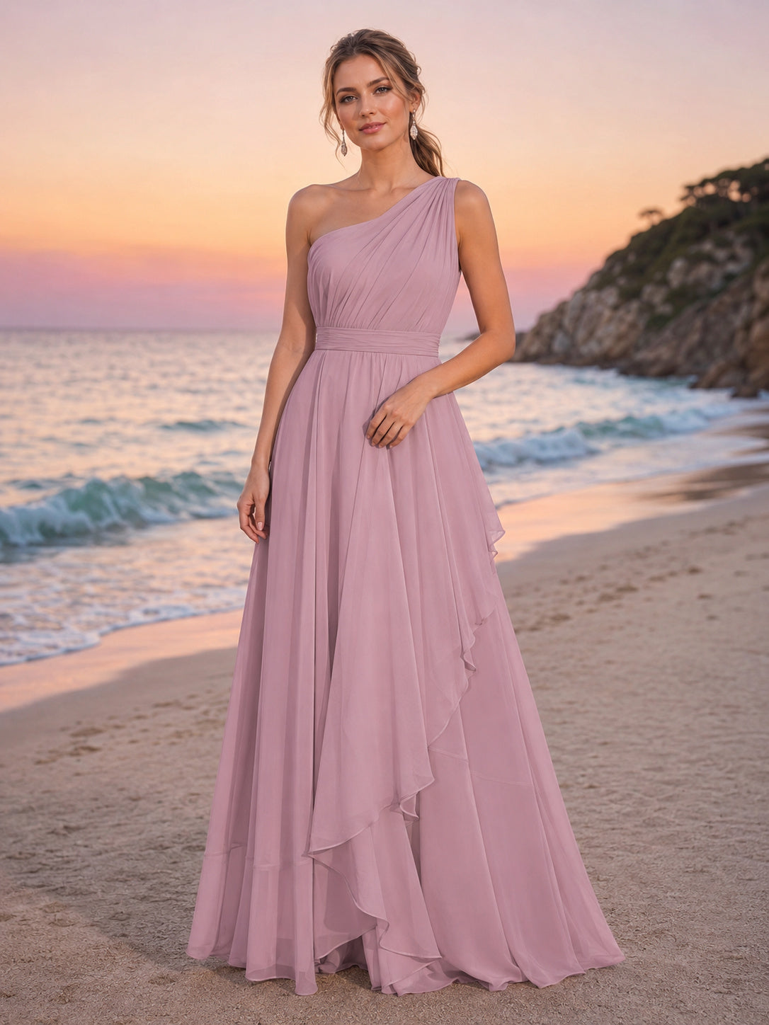 Blush One-Shoulder Chiffon A-Line Sunset Beach Bridal Dress front view