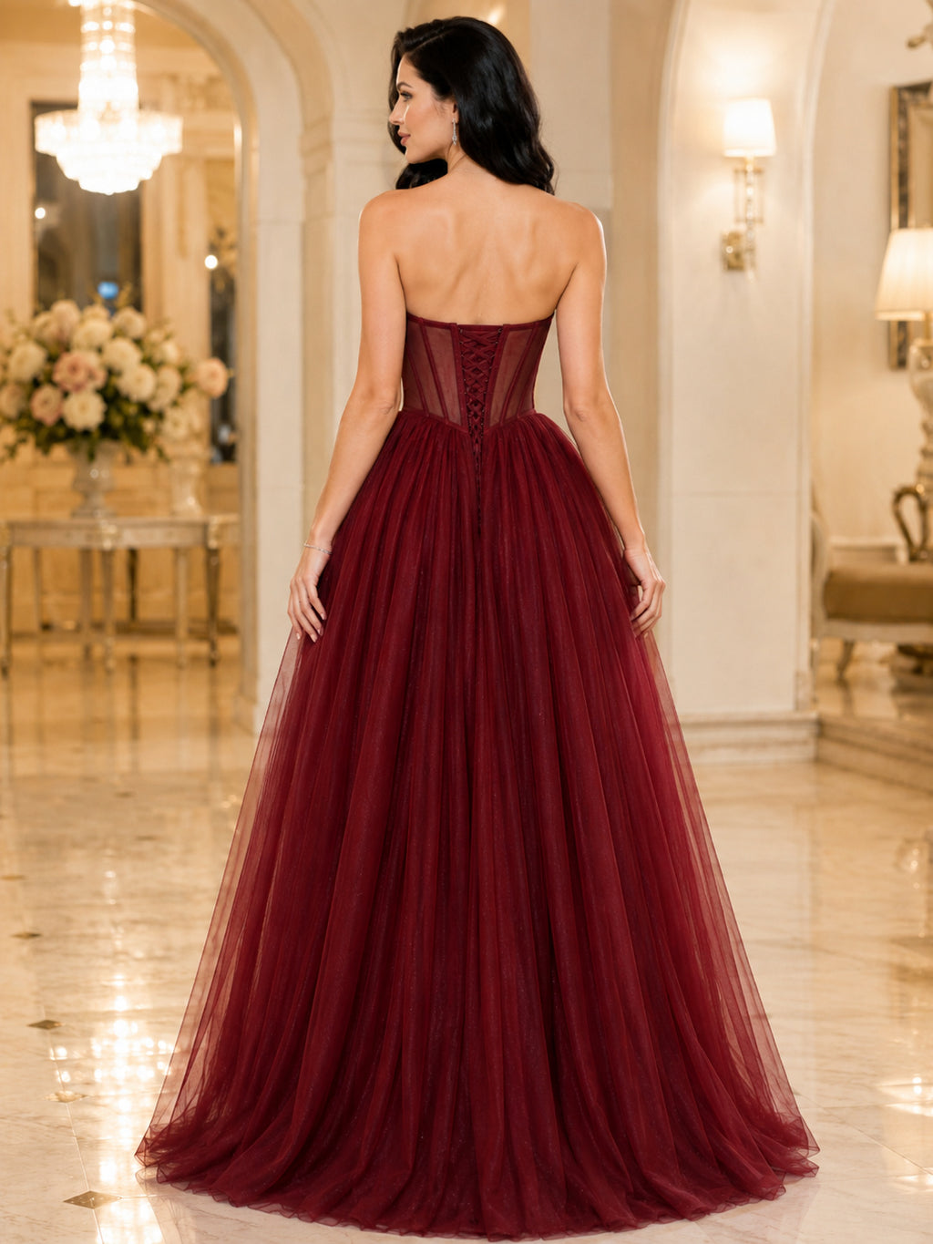 Burgundy Strapless Sweetheart Sheer Corset Tulle A-Line Floor Length Gown back view
