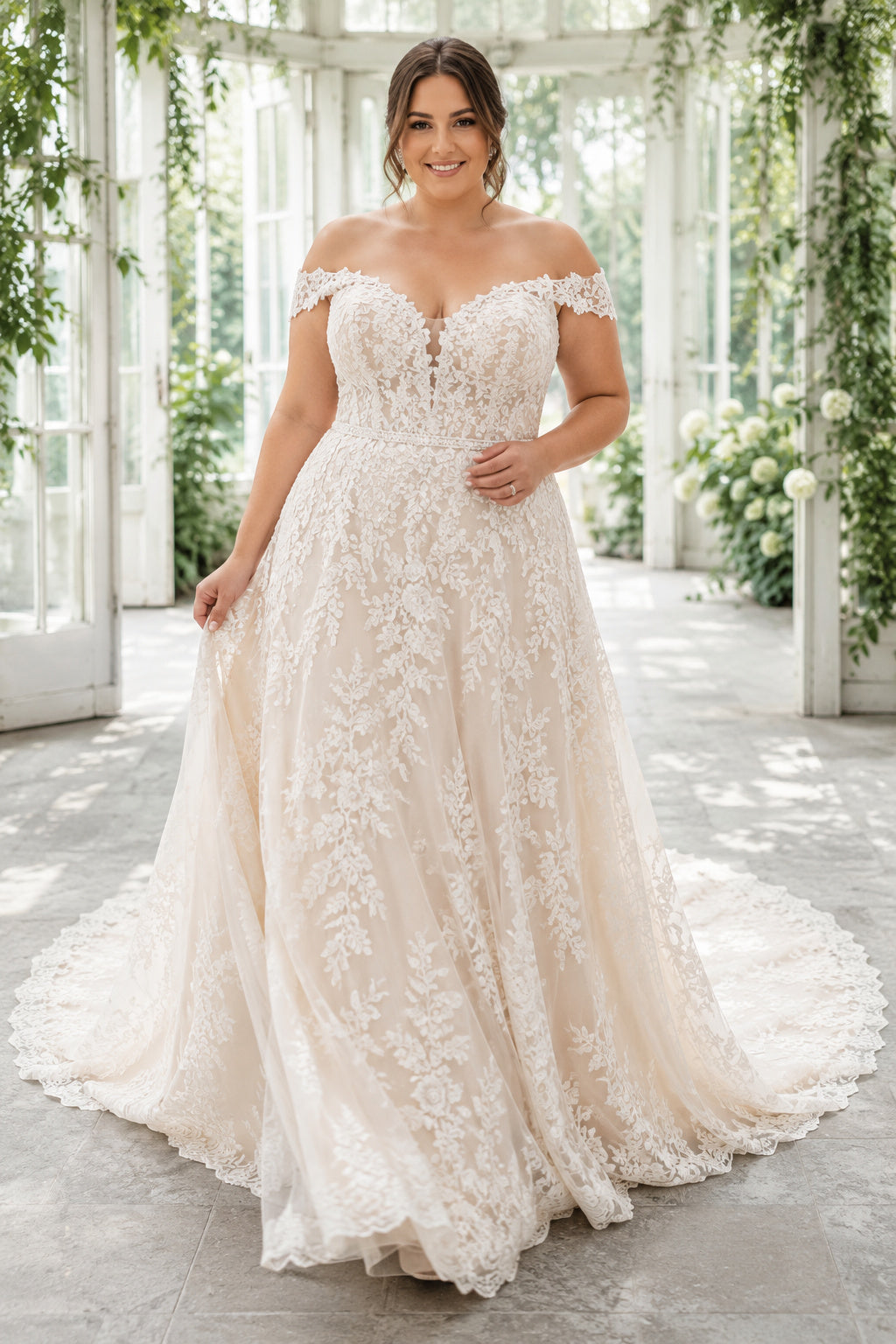 Plus Size Ivory Off-the-Shoulder Sweetheart Cap Sleeve Lace Tulle A-Line Wedding Dress with Beaded Lace Appliques and Chapel