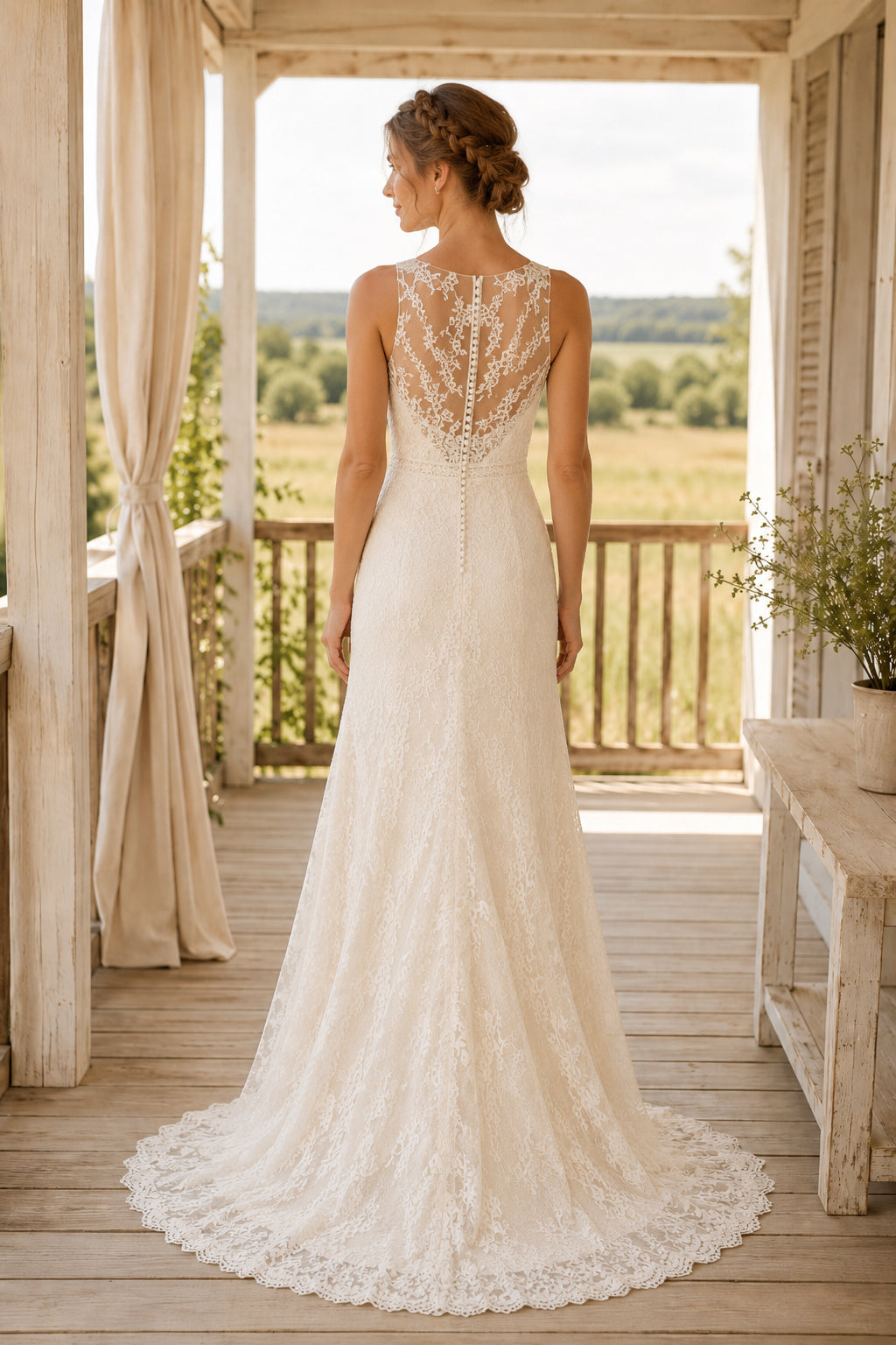 Ivory Jewel Neck Sleeveless Lace Sheath Wedding Dress with Illusion Back and Train back view