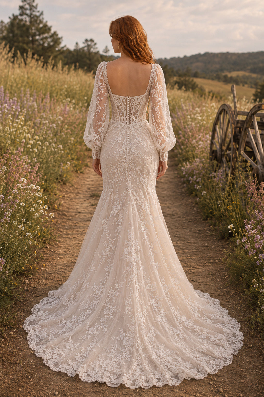 Square Neck Long Sleeve Mermaid Wedding Dress with Lace Overlay and Sweep Train for Rustic Garden Ceremony Style MG_700671 ba