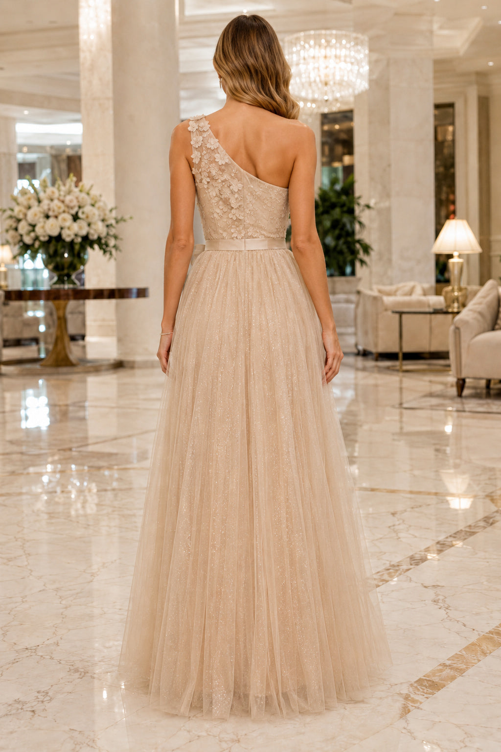 Champagne One Shoulder Lace Bodice with Waist Sash and Tulle Skirt Floor Length A-Line Prom Dress back view