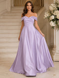 Lilac Off Shoulder Simple Satin A Line Sweep Train Wedding Dress front view