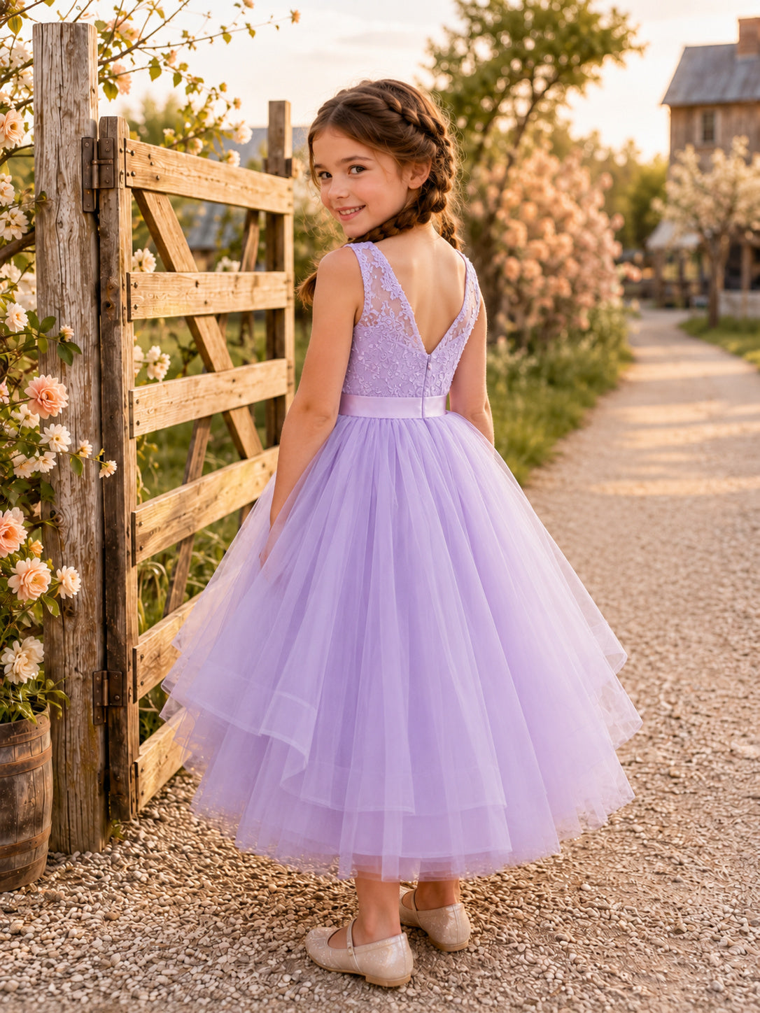 A-Line Flowergirl Lavender Tulle Floor-Length Tiered Sleeveless Farmhouse Wedding Dress back view