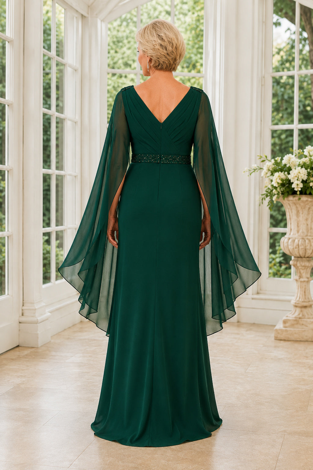 Dark Green V-Neck Sheath Mother Dress with Chiffon Cape Sleeves and Beaded Waist back view