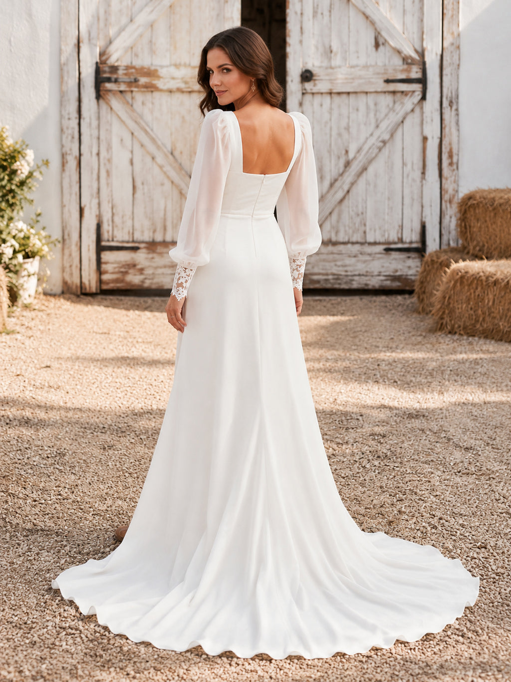 Square Neck Sheath Wedding Dress with Long Chiffon Sleeves and Satin Skirt Simple Elegant Long Sleeve back view