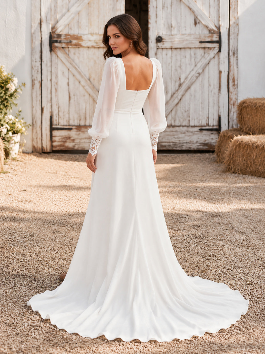 Square Neck Sheath Wedding Dress with Long Chiffon Sleeves and Satin Skirt Simple Elegant Long Sleeve back view