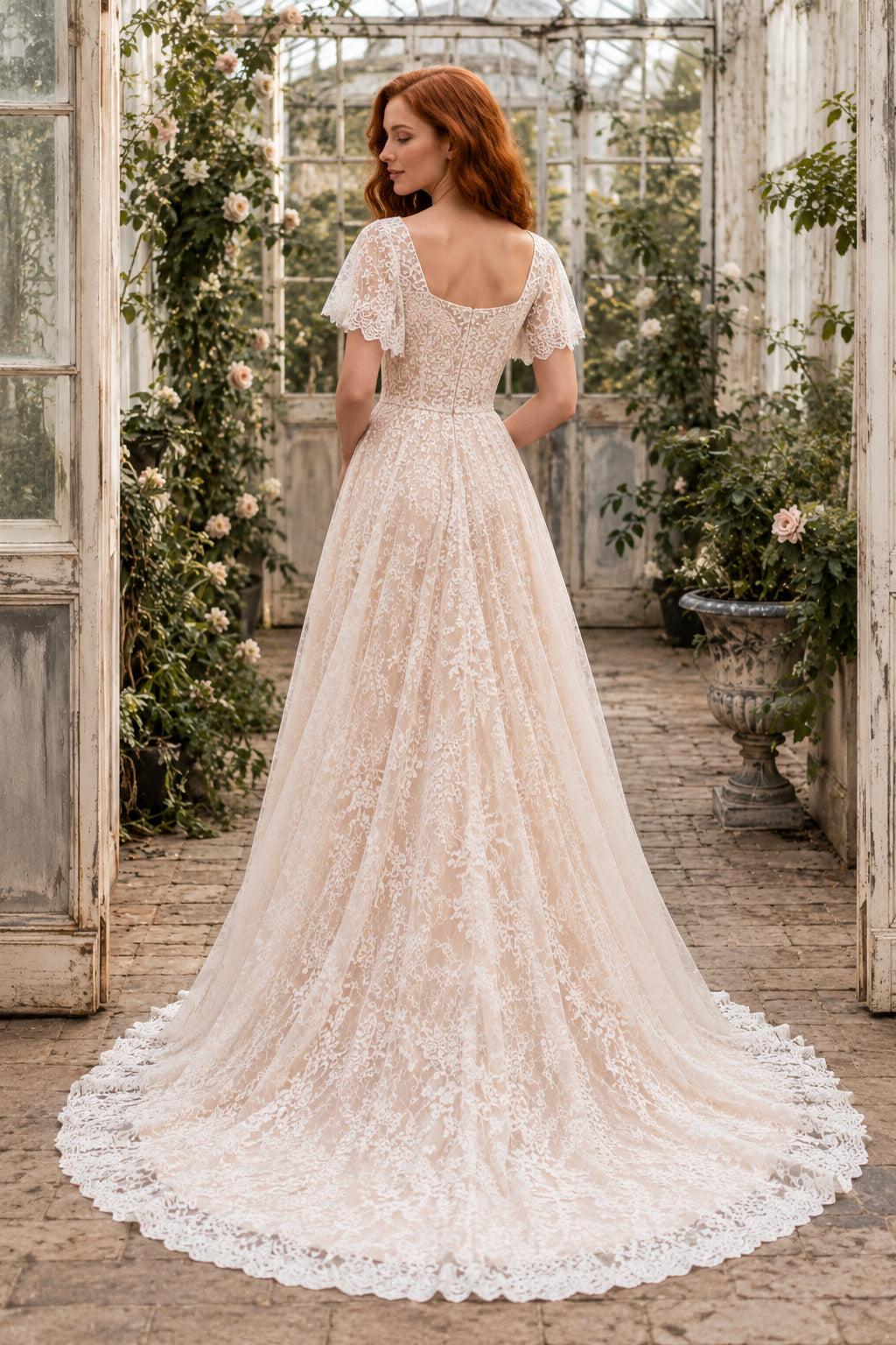 Blushing Pink Square Neck Cap Sleeve Lace A-Line Wedding Dress Train for Wedding Ceremony and Reception back view