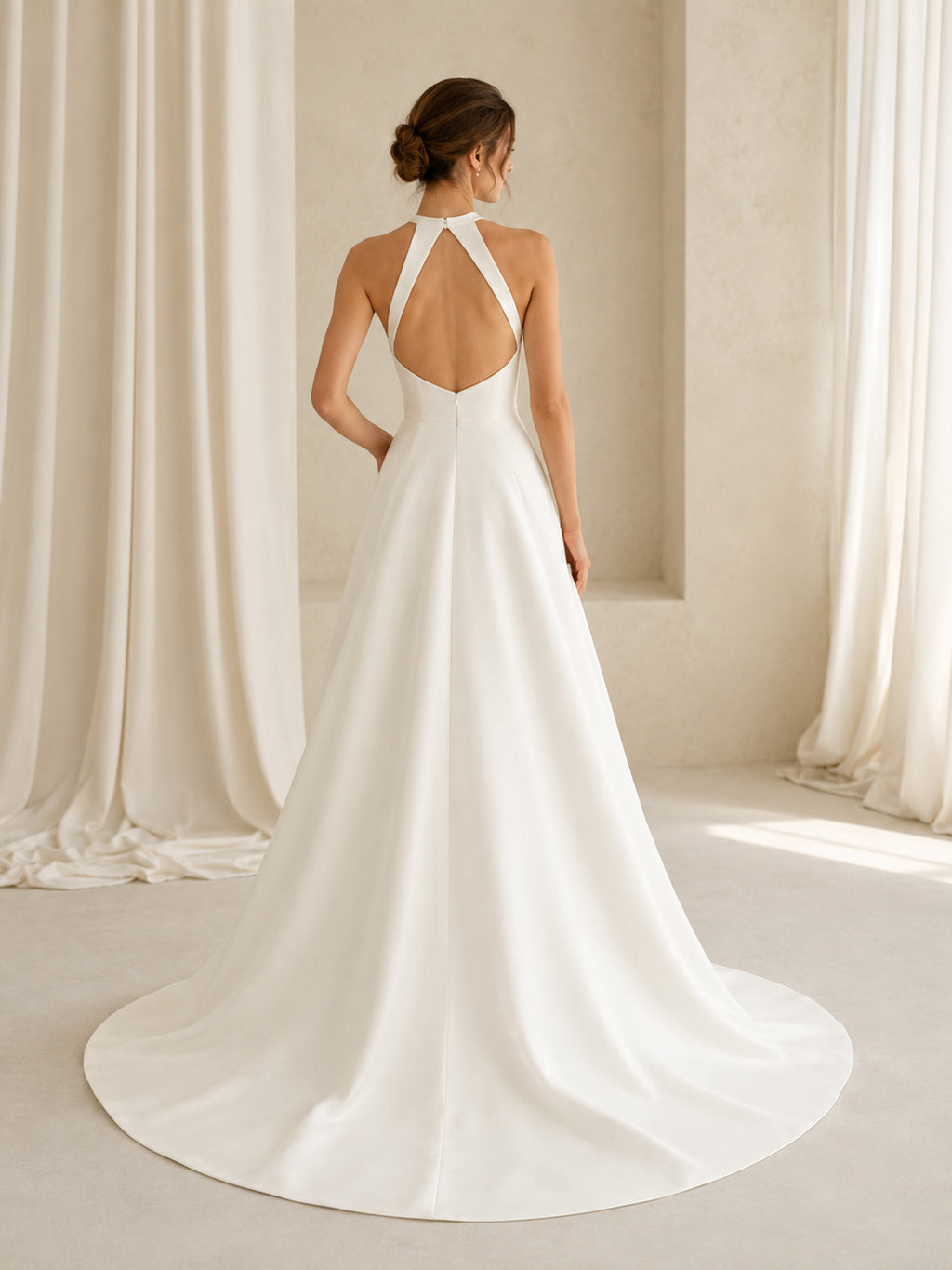 Modern Minimalist Satin Wedding Dress A-Line Halter Sleeveless Sweep Train Keyhole Back Bridal Gown back view