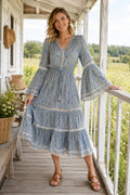 Steel Blue V-Neck Boho Guest Dress with Bell Sleeves and Tiered Tea Length Skirt front view