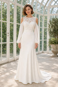 White Halter A-Line Chiffon Floor-length Wedding Dress With Beaded Bodice and Pleated Skirt and Open Back Pearl Detail