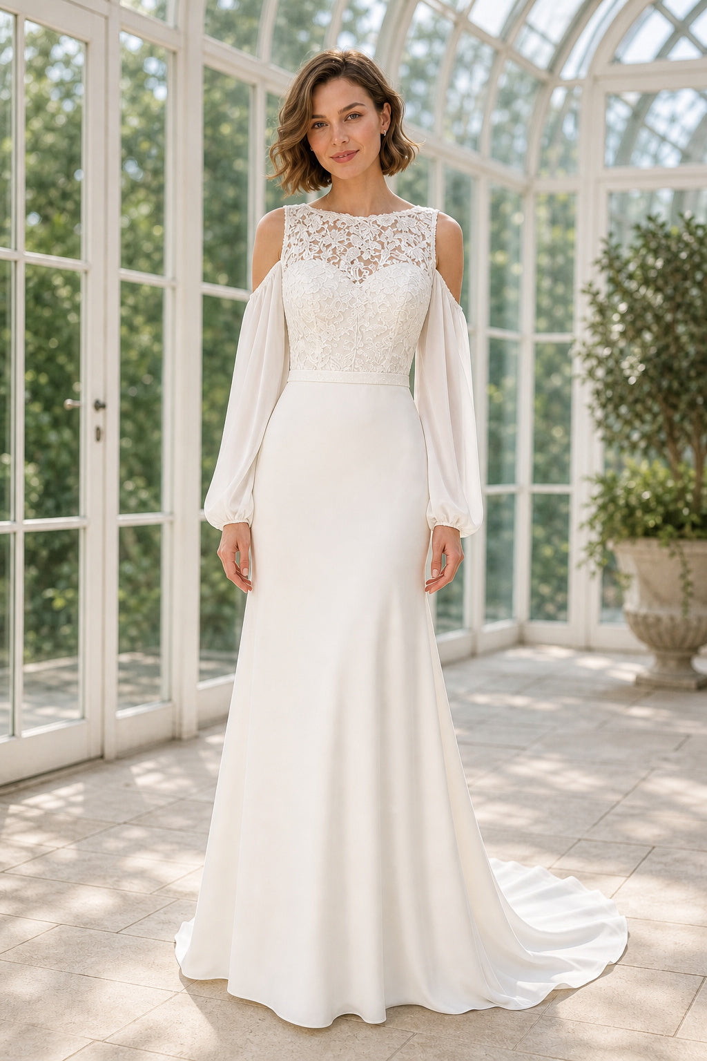 White Halter A-Line Chiffon Floor-length Wedding Dress With Beaded Bodice and Pleated Skirt and Open Back Pearl Detail
