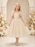 Ivory Tulle A-Line Flower Girl Dress Cap Sleeve Square Neck Tea Length Bow Detail front view