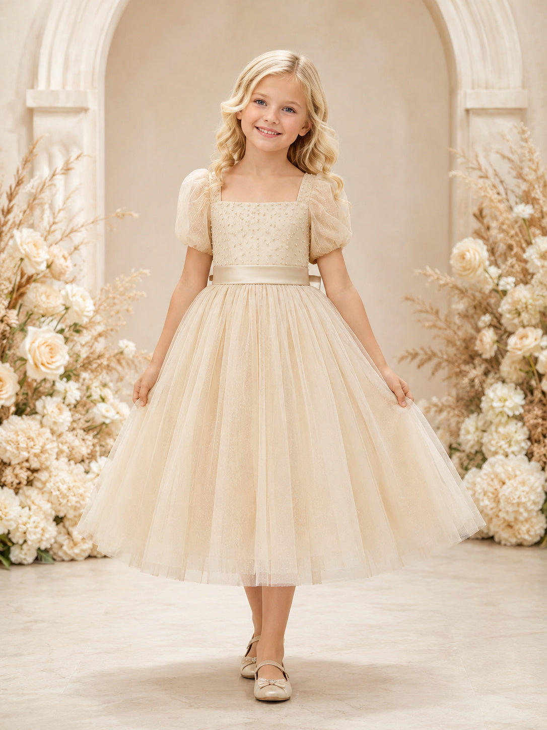 Ivory Tulle A-Line Flower Girl Dress Cap Sleeve Square Neck Tea Length Bow Detail front view