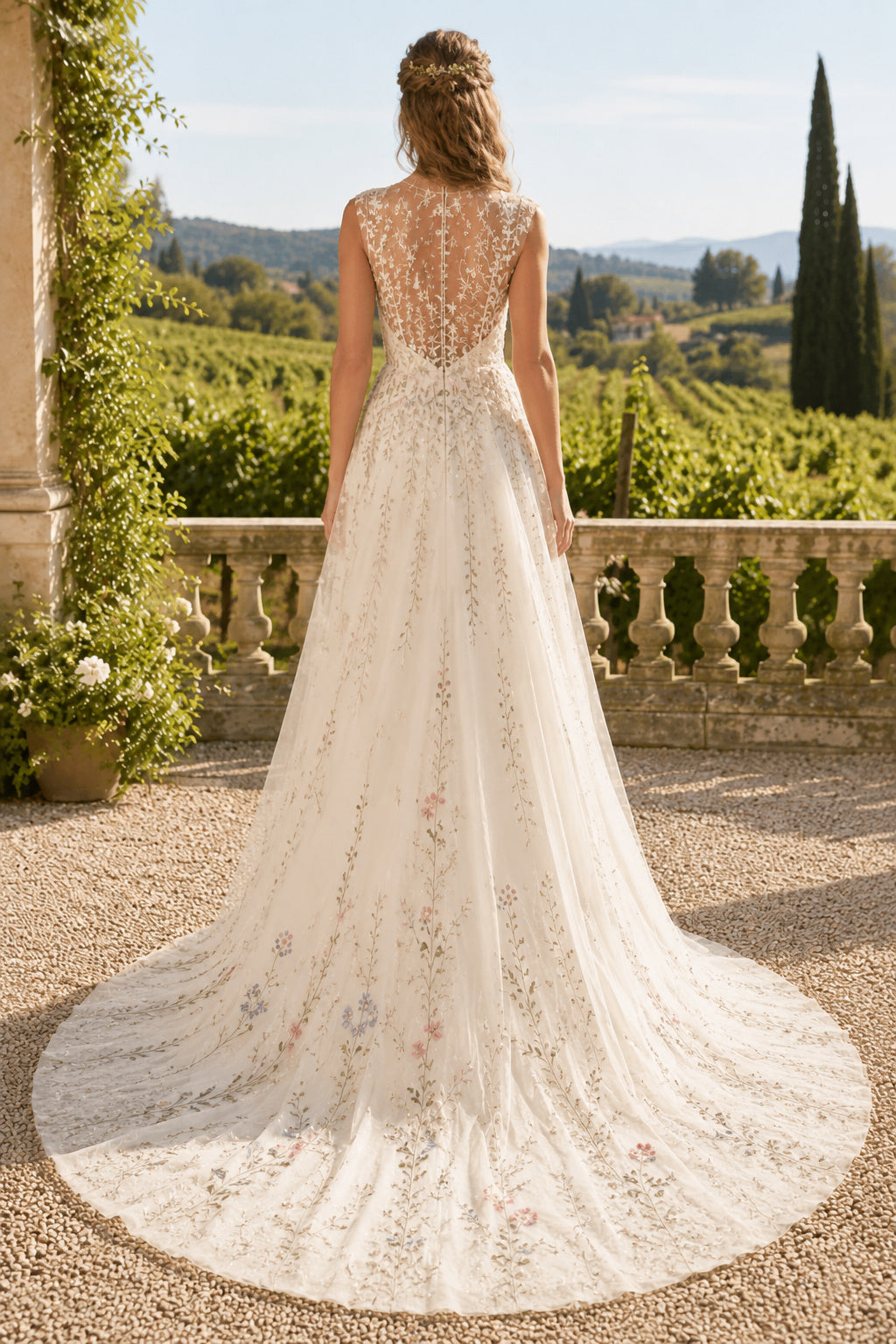 Ivory Illusion High Neck Floral Embroidered A-Line Wedding Dress with Sweep Train back view