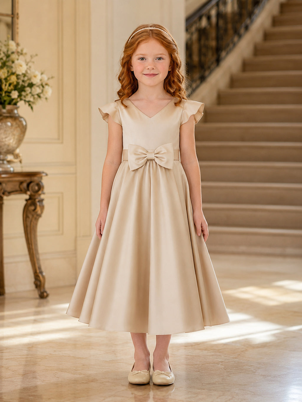 Flower Girl Dress Champagne Satin A-Line Flutter Sleeve Jewel Neck Tea Length Bow Detail front view